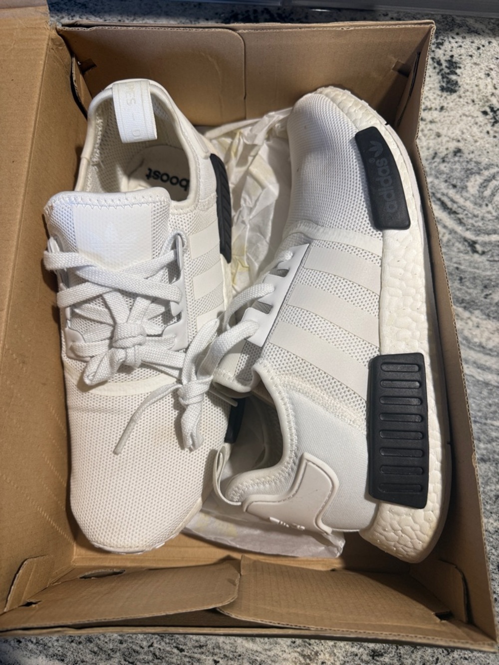 adidas NMD R1 “White Black” Sneakers with Black Midsole Plugs